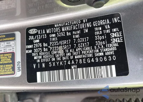 2014 Kia Sorento Lx V6 из США, поврежденный, VIN 5XYKT4A78EG490630